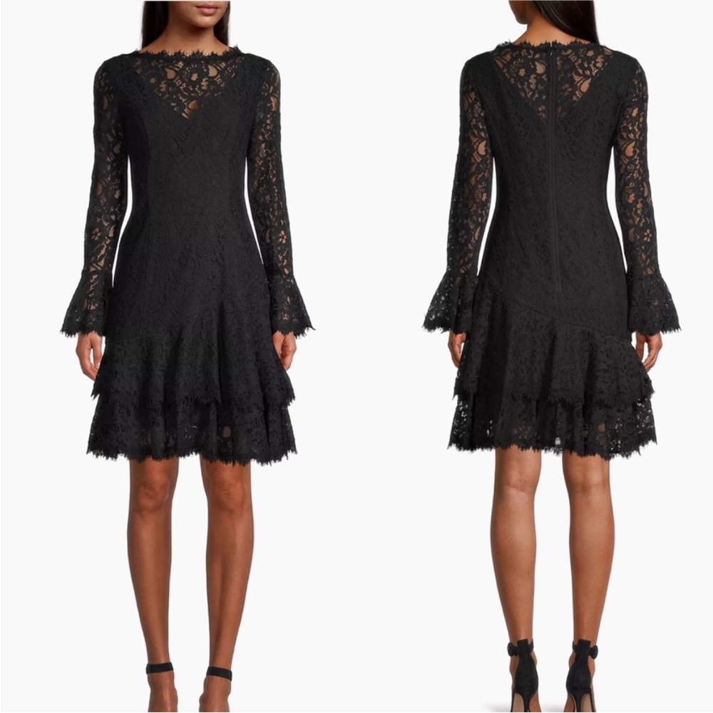 Shani Tiered Flounce Double Ruffle Lace Dress Womens SZ 10 Black Long Sleeve NEW